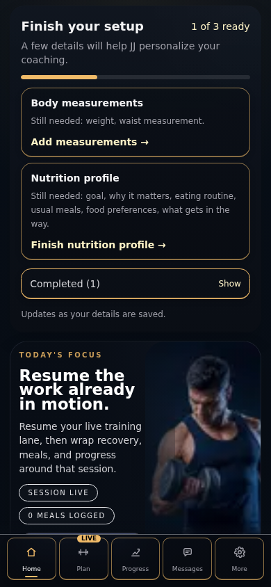 Soul Strength dashboard showing setup steps for body measurements and nutrition, with the training plan below.